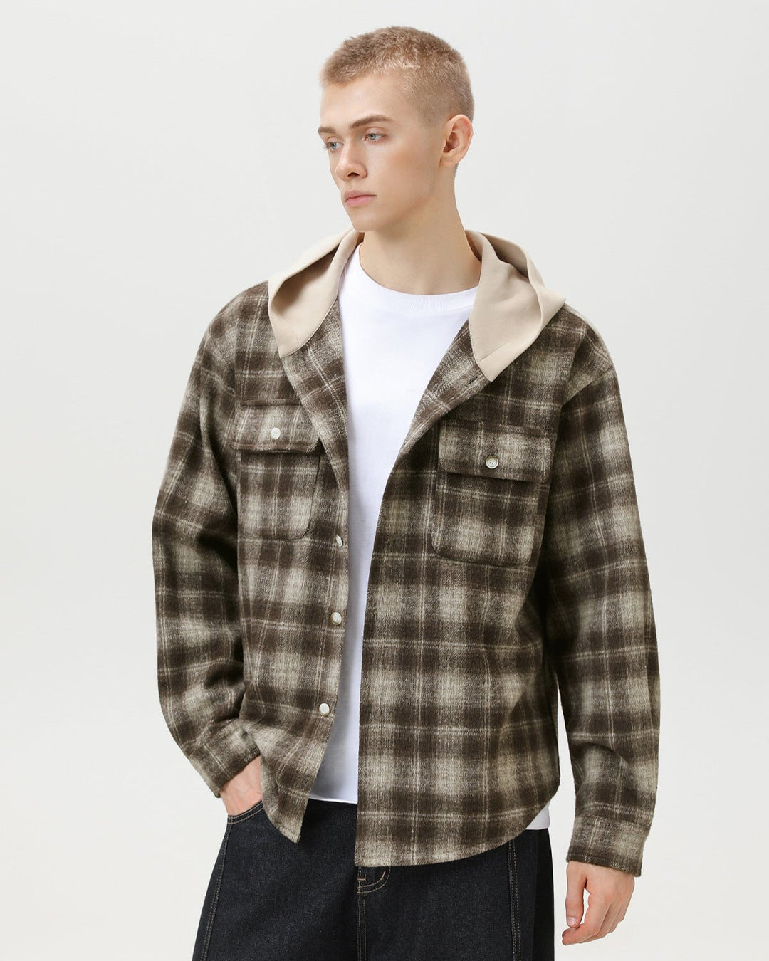 Check Plaid Hooded Overshirt Cardigan