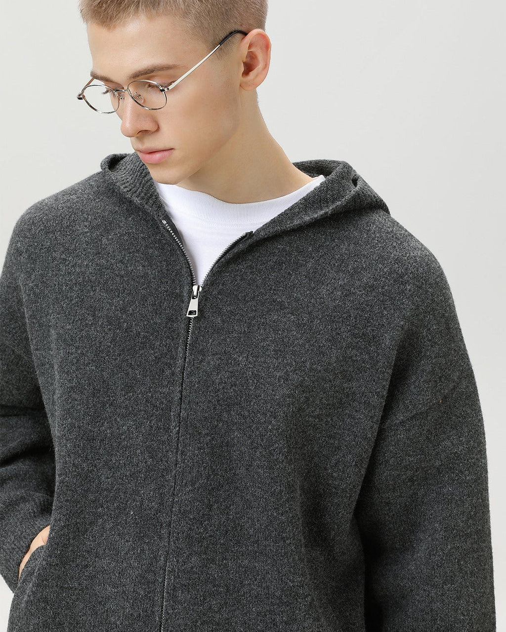 Minimalist Zip-Up Wool Blend Hoodie Cardigan