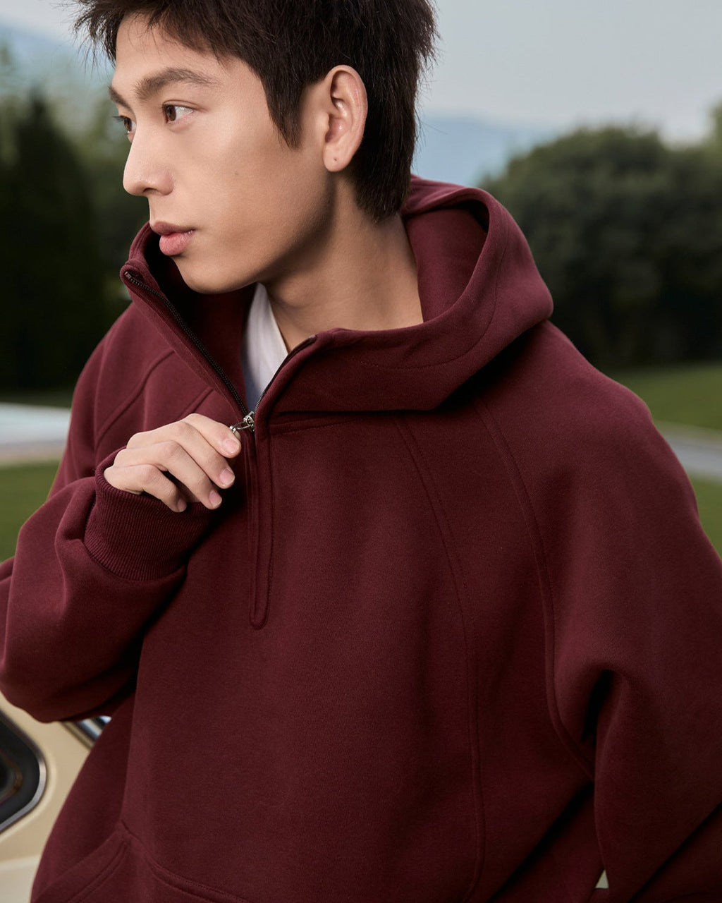 3D Split-Structure Heavy Half-Zip Hooded Sweatshirt