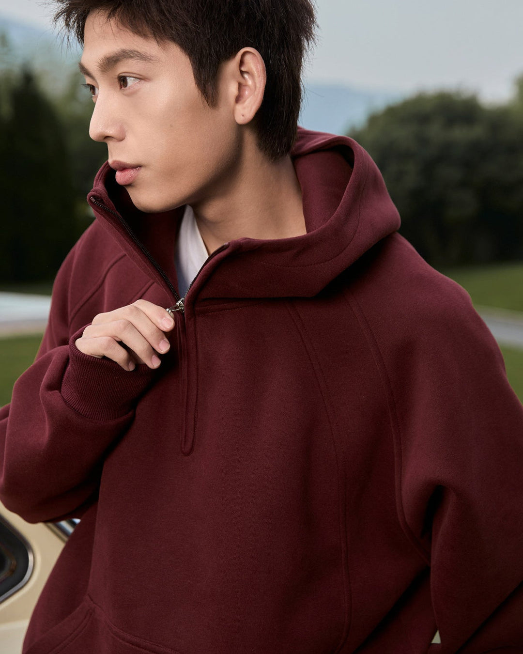 3D Split-Structure Heavy Half-Zip Hooded Sweatshirt