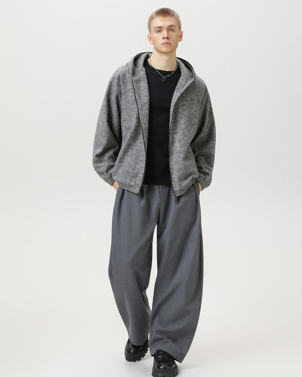 Wool Blend Hooded Zip Jacket