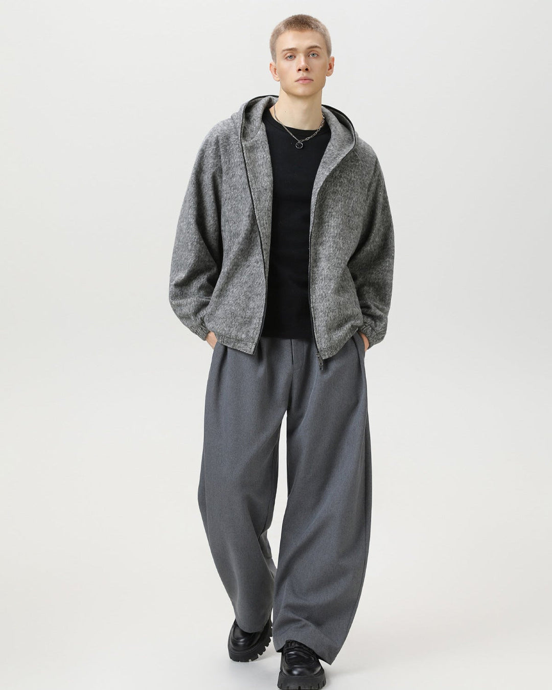 Wool Blend Hooded Zip Jacket