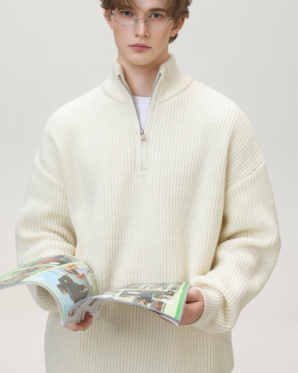 Half-Zip Collar Ribbed Knit Sweater