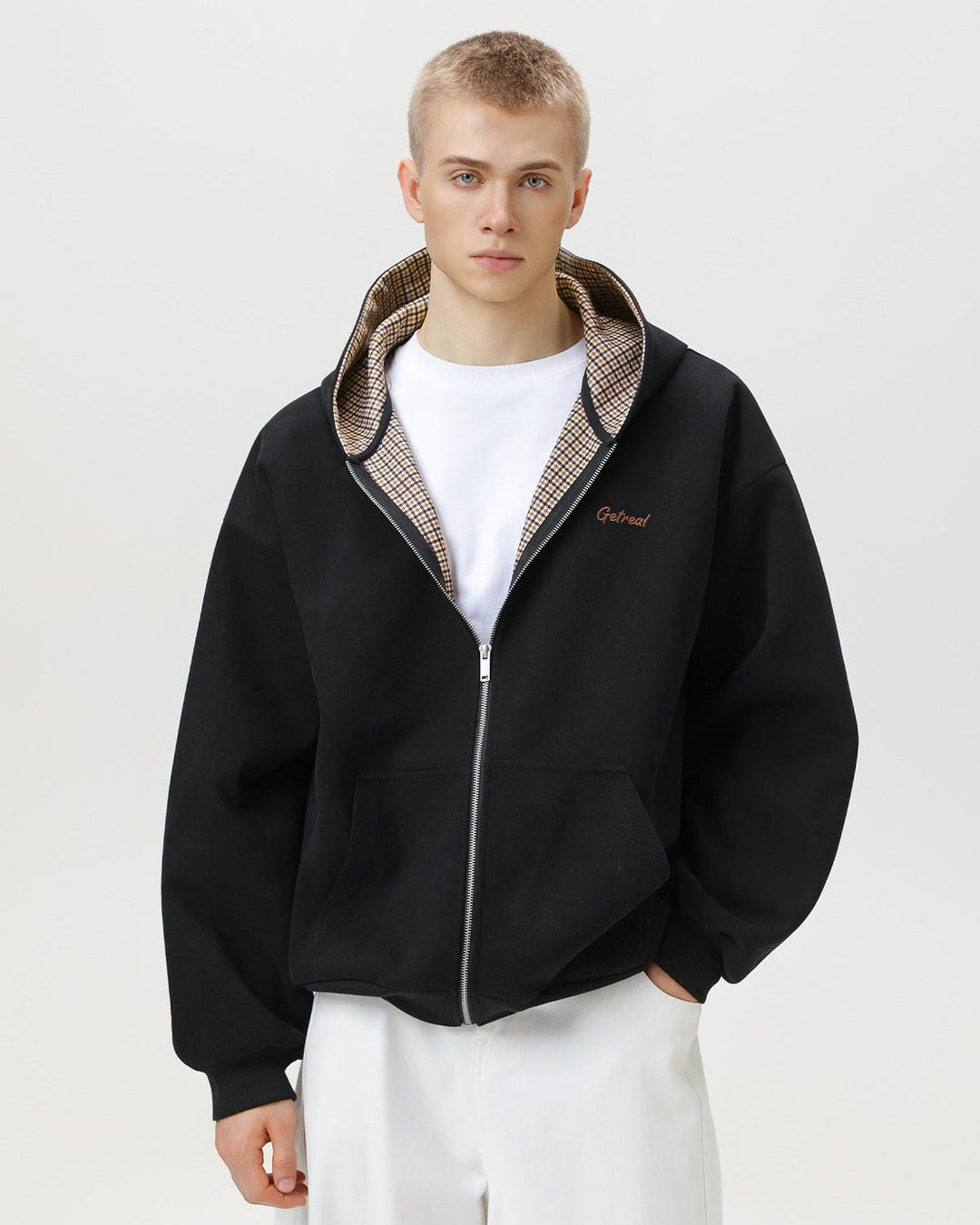 "Get Real" Checked Lined Zip Hoodie Sweater