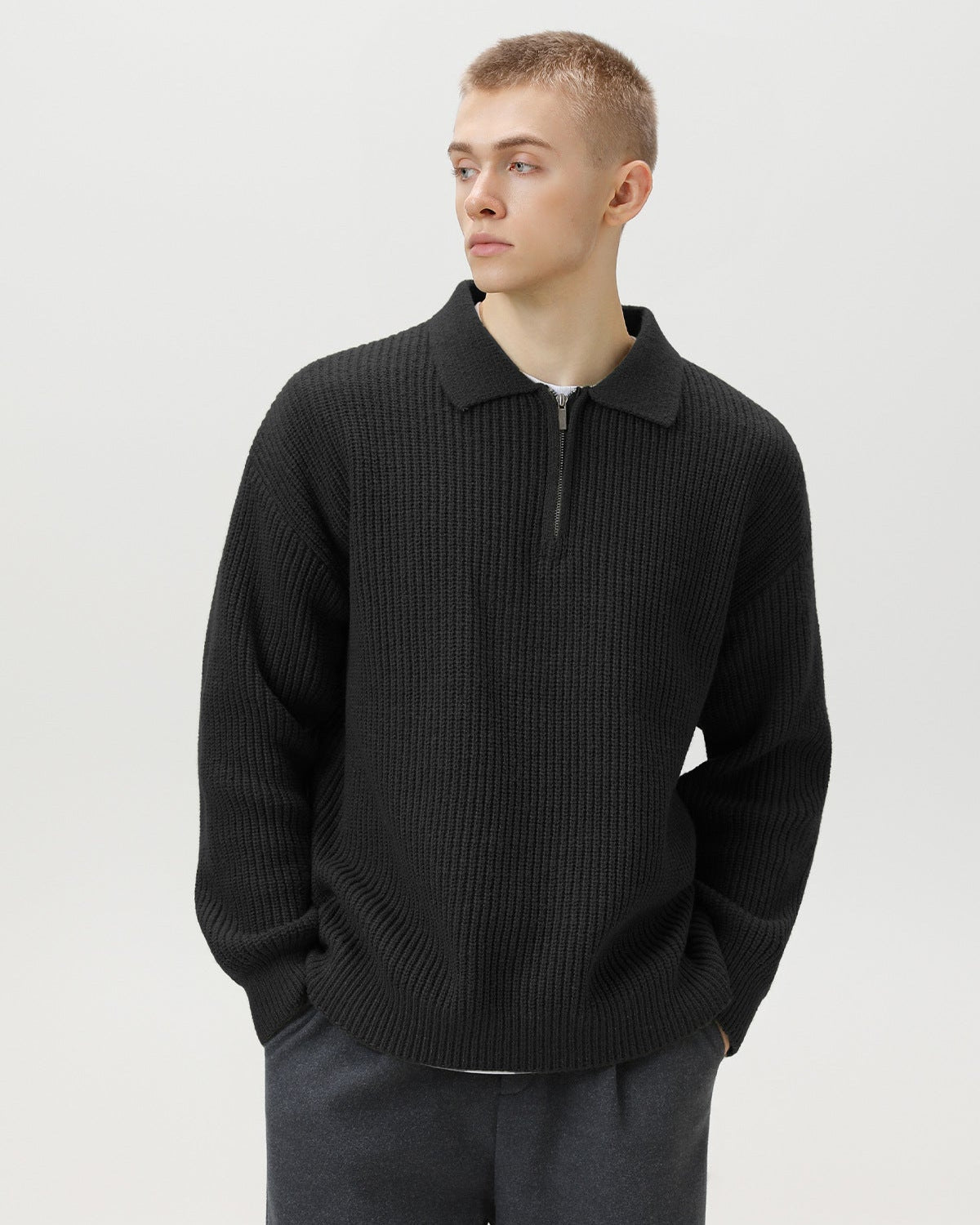 Ribbed Half-Zip Knit Polo Sweater