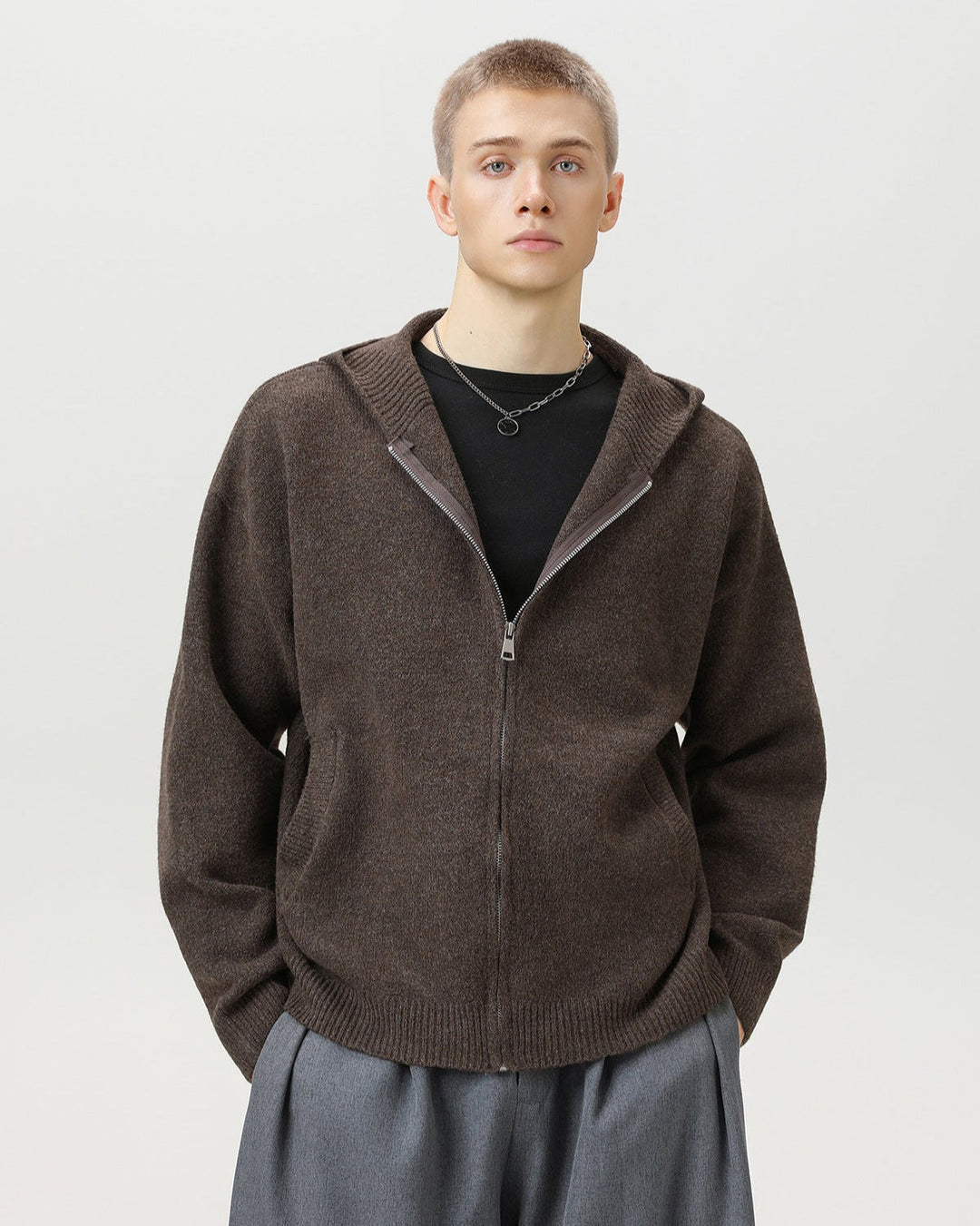Minimalist Zip-Up Wool Blend Hoodie Cardigan