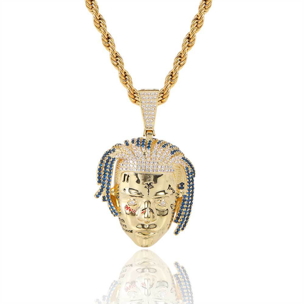 Iced Tattoo Face Pendant Necklace – Blue Accent Edition