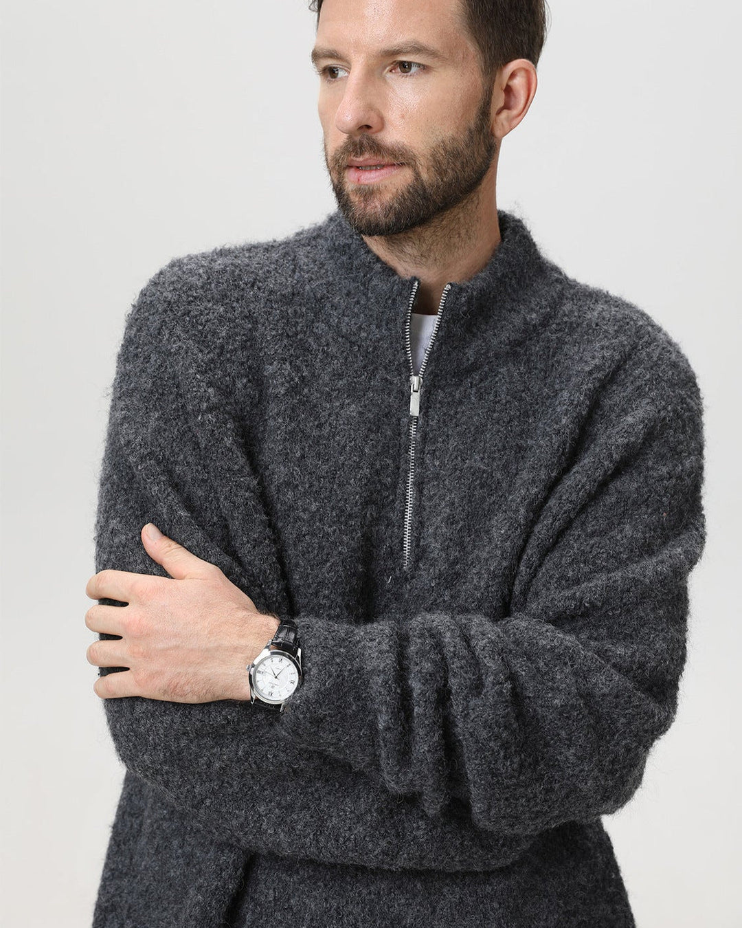 Heavyweight Hoop Yarn Half-Zip Stand Collar Sweater