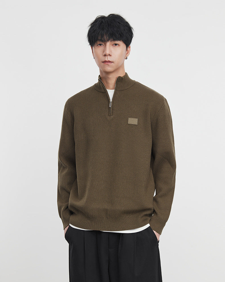 Warm Brown Winter Stand Collar Knit Sweater