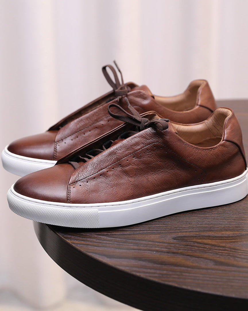 The Softey Leather Low Sneakers - Brown