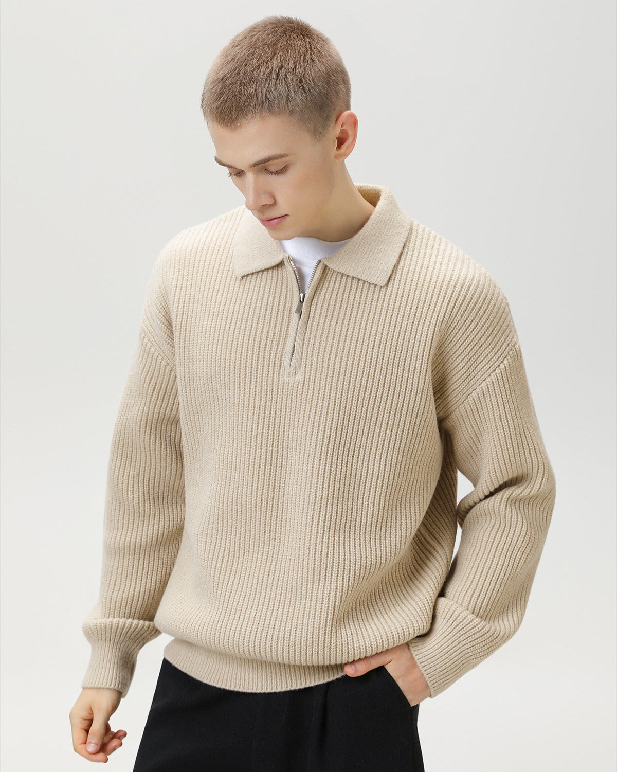 Ribbed Half-Zip Knit Polo Sweater