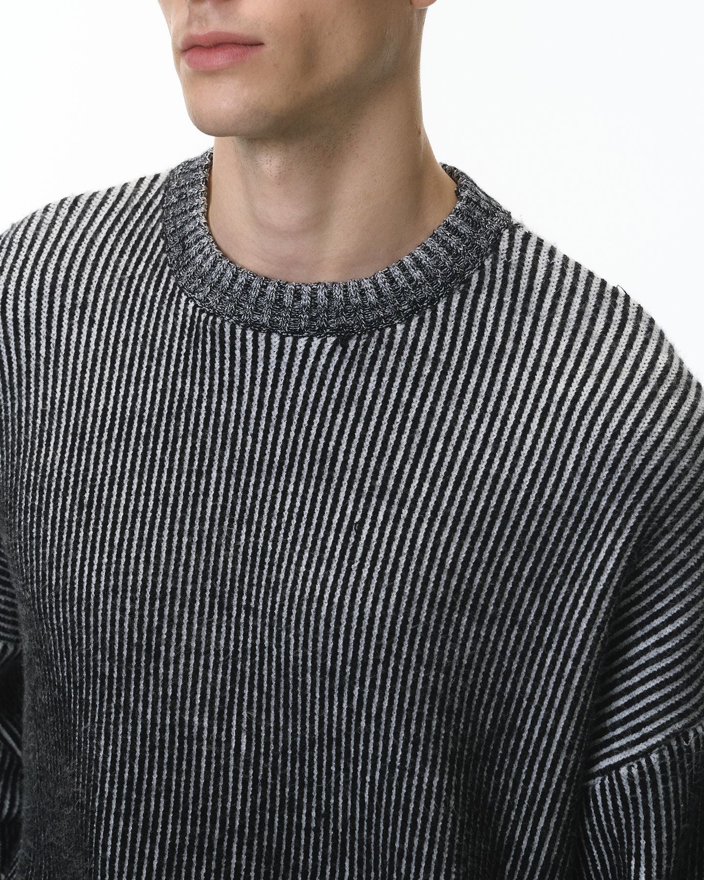 Monochrome Striped Wool Blend Crewneck Sweater