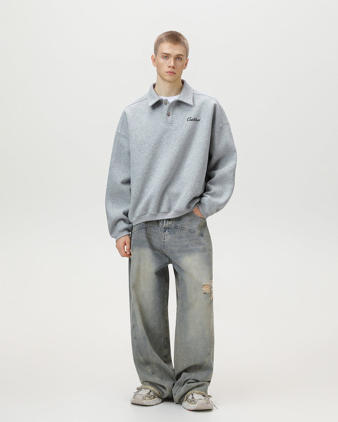 "Get Real" Oversized Embroidered Polo Sweater