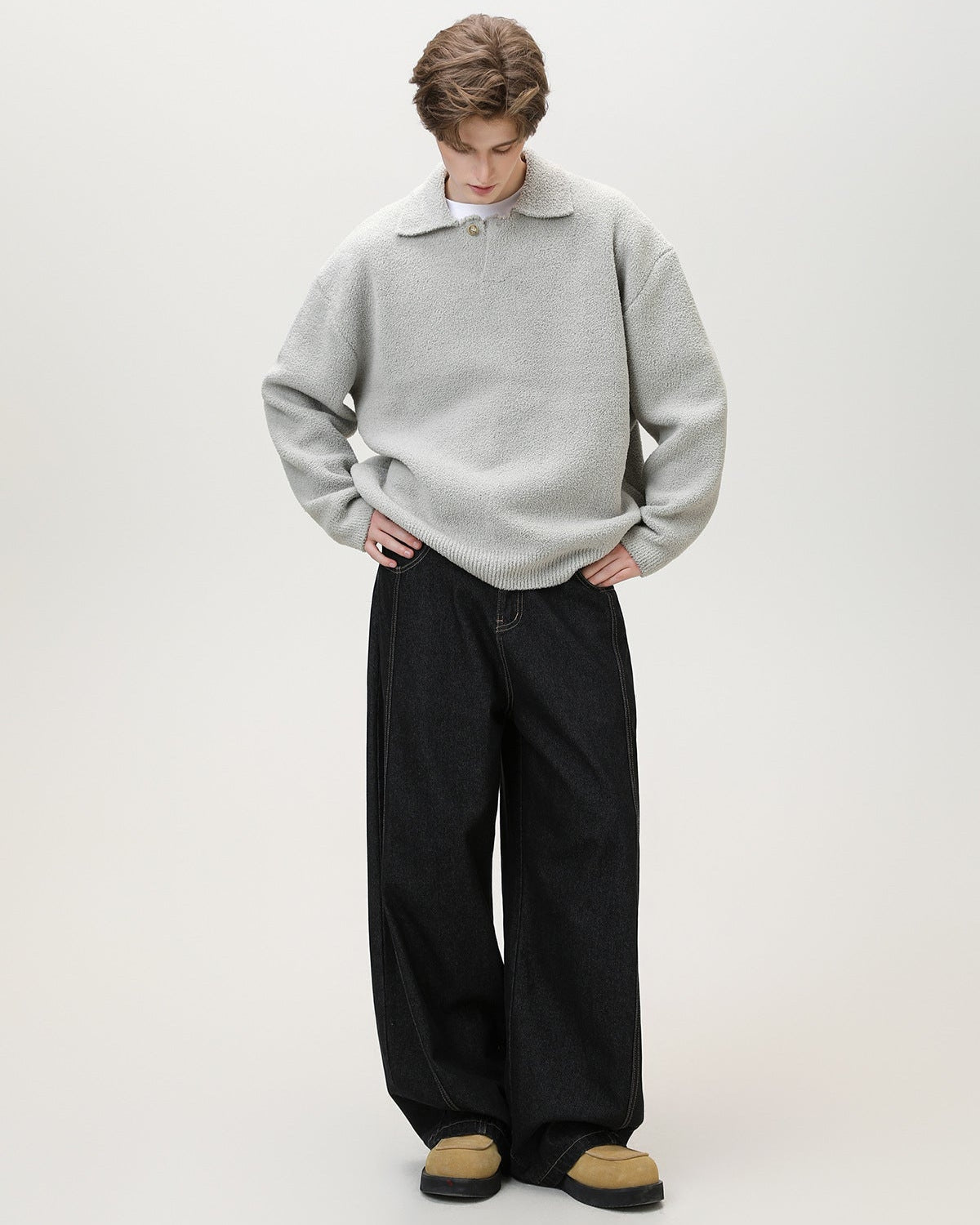 Wool Blend Knit One Button Oversized Henley Sweater