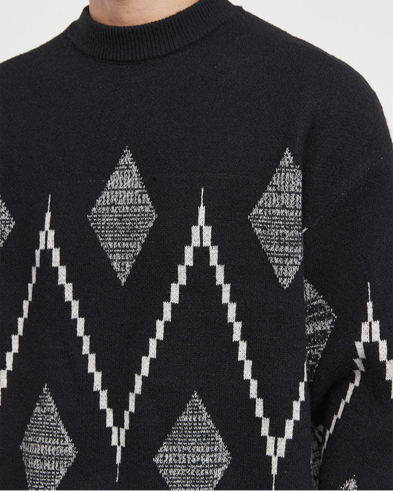 Retro Checkered Jacquard Crewneck Sweater
