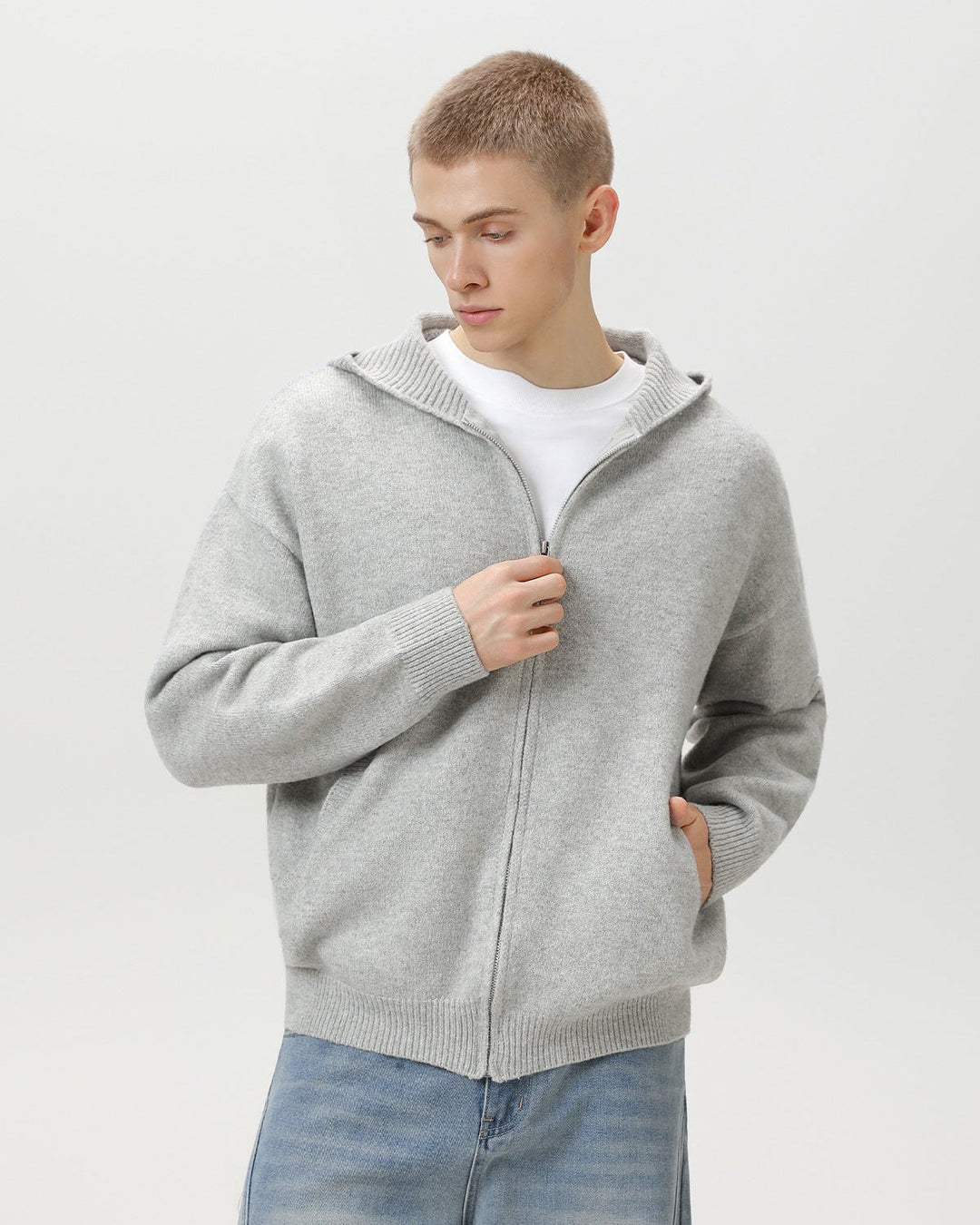 Minimalist Zip-Up Wool Blend Hoodie Cardigan
