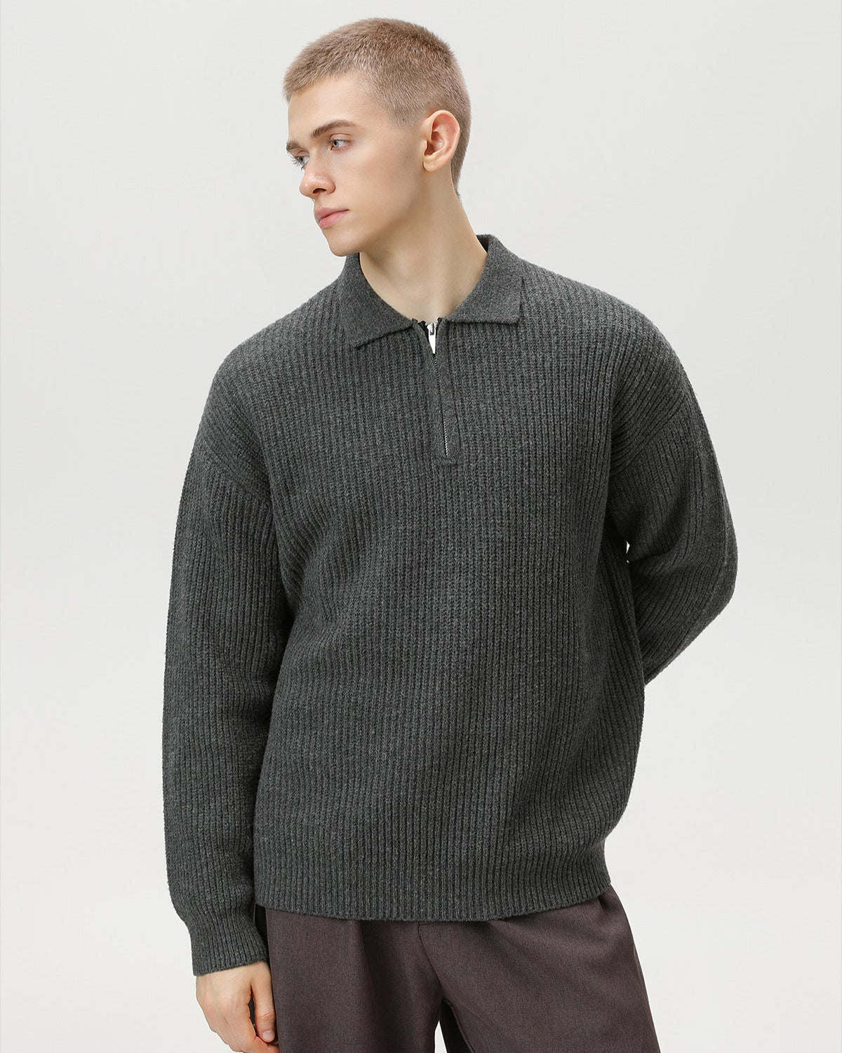 Ribbed Half-Zip Knit Polo Sweater