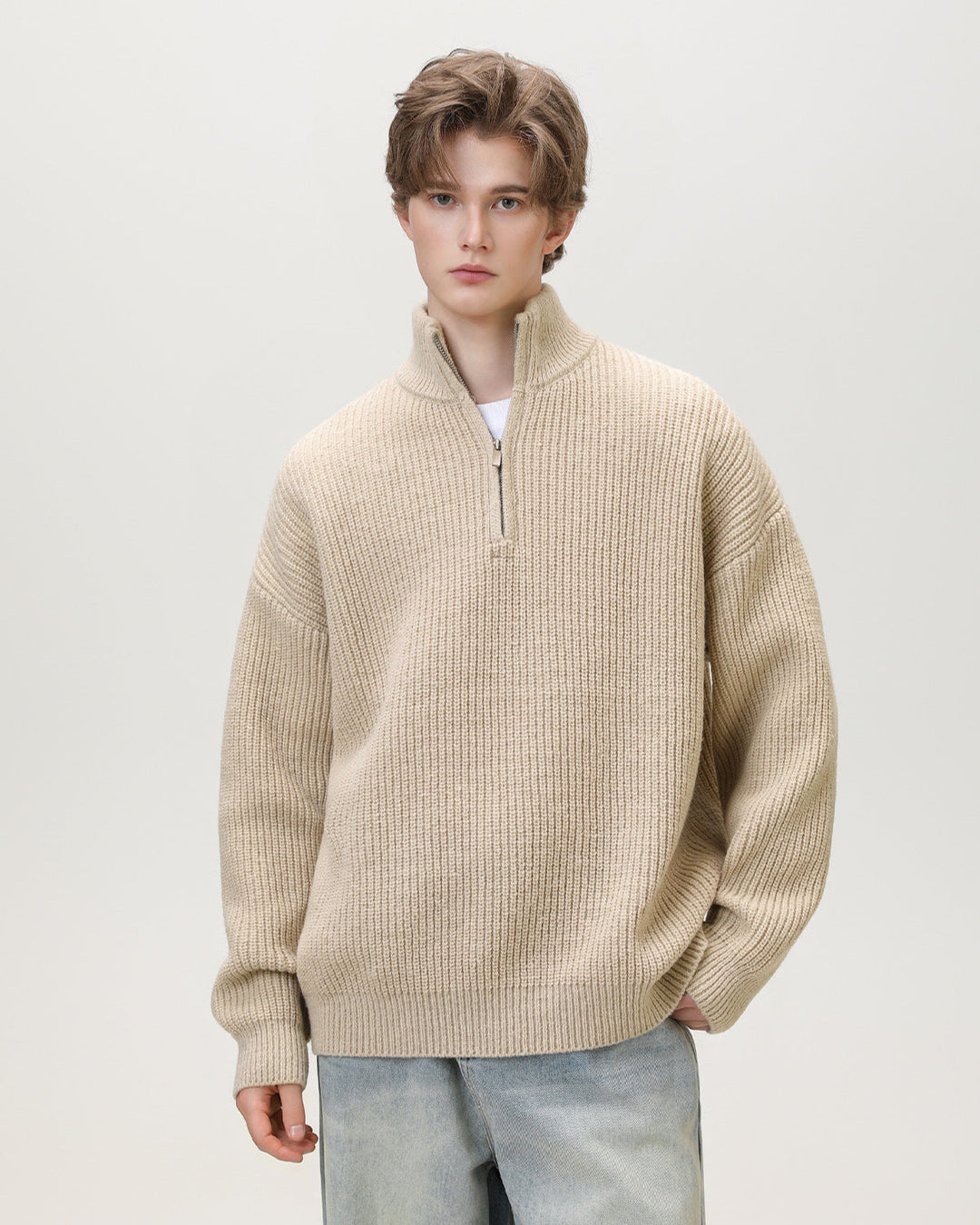 Half-Zip Collar Ribbed Knit Sweater