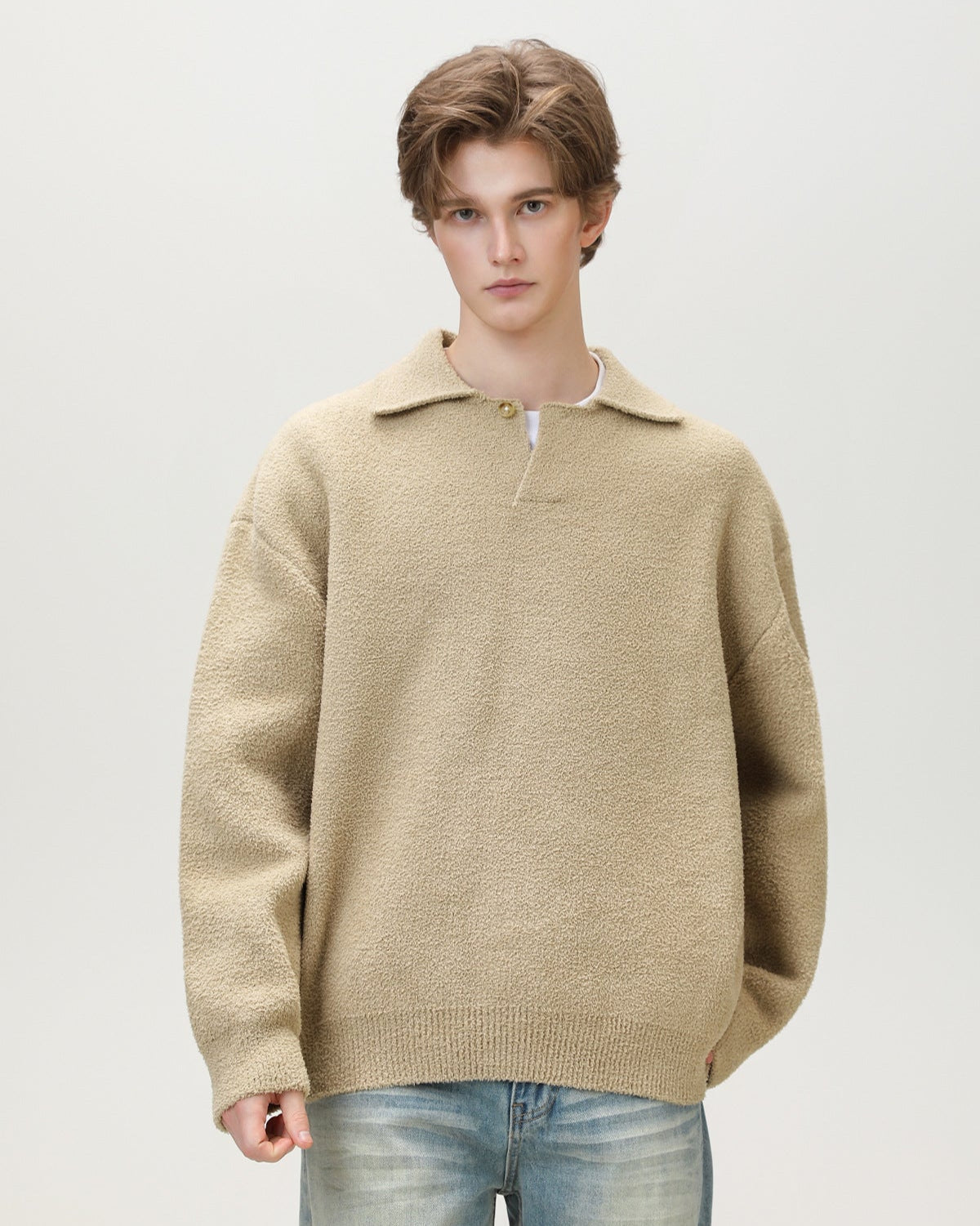 Wool Blend Knit One Button Oversized Henley Sweater