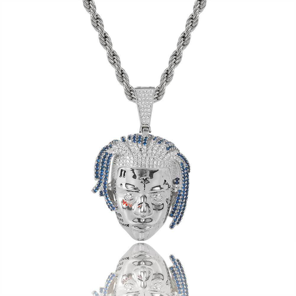 Iced Tattoo Face Pendant Necklace – Blue Accent Edition