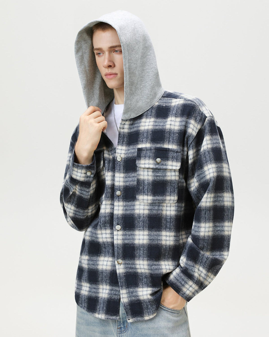 Check Plaid Hooded Overshirt Cardigan