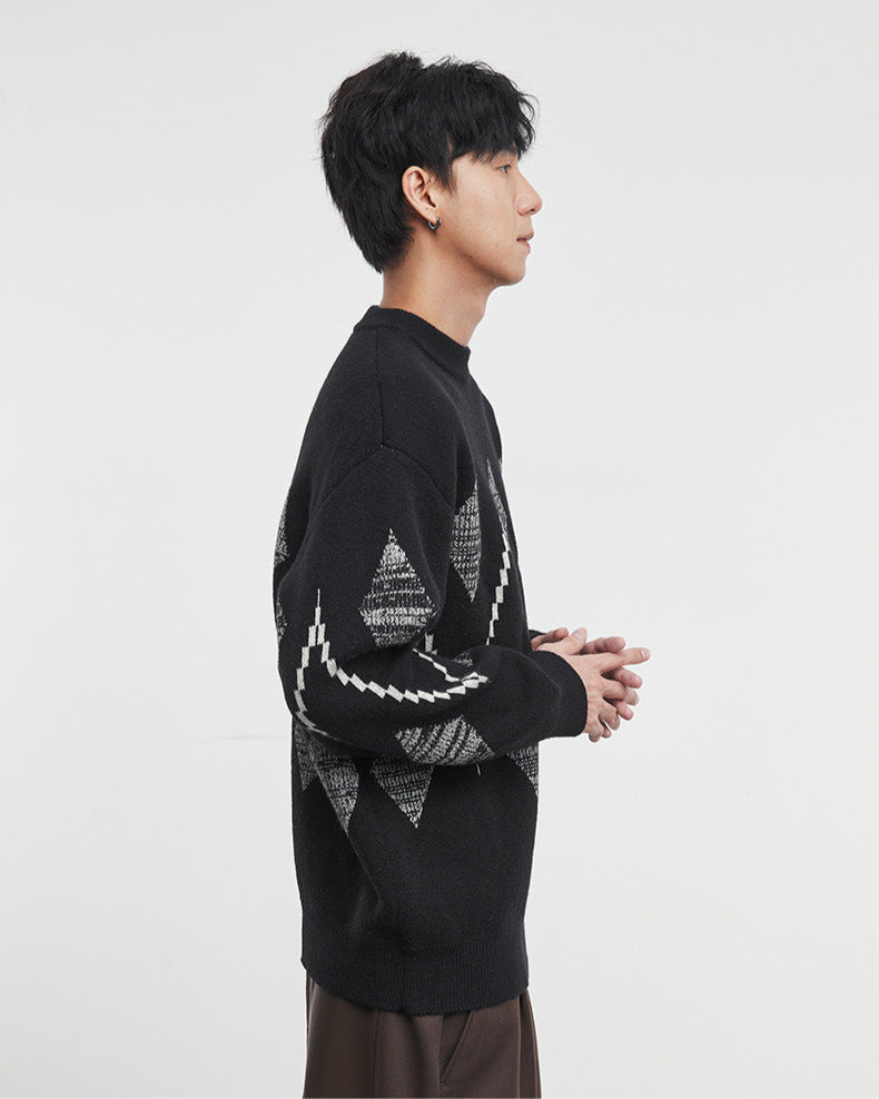 Retro Checkered Jacquard Crewneck Sweater