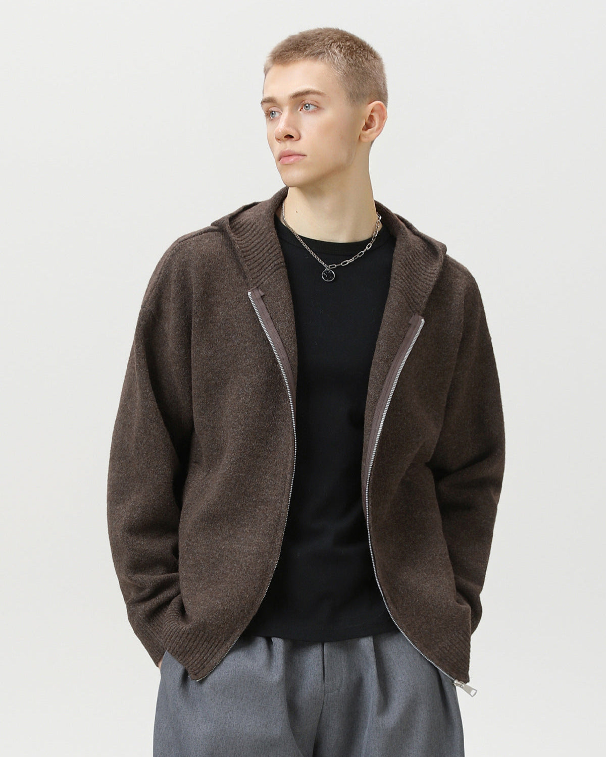 Minimalist Zip-Up Wool Blend Hoodie Cardigan