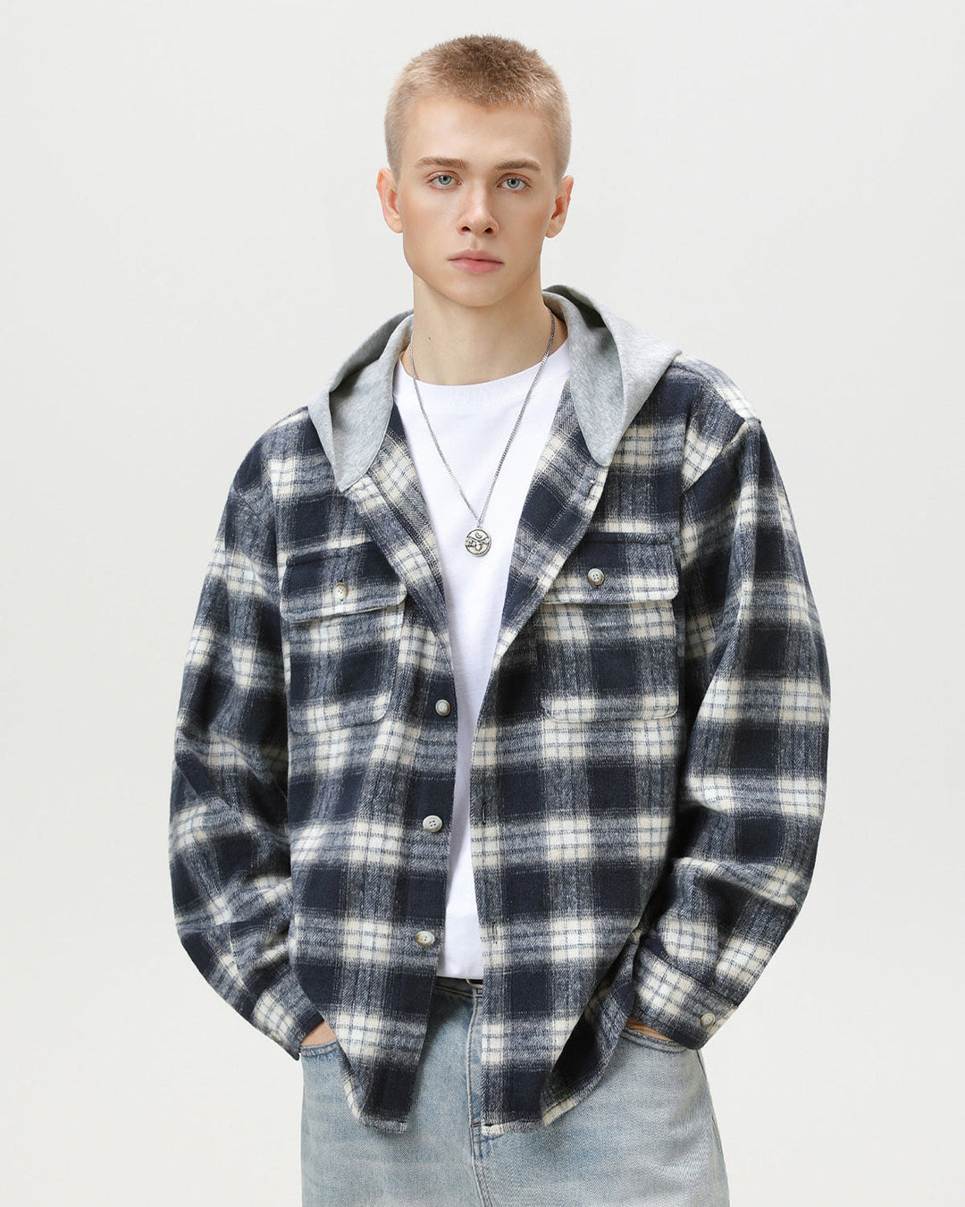 Check Plaid Hooded Overshirt Cardigan
