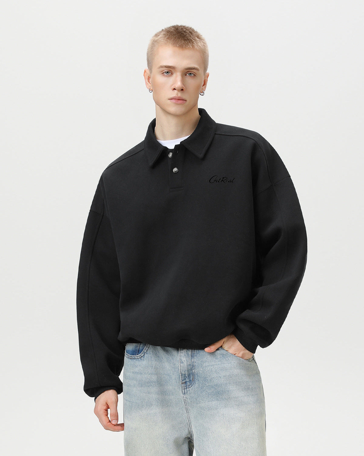 "Get Real" Oversized Embroidered Polo Sweater