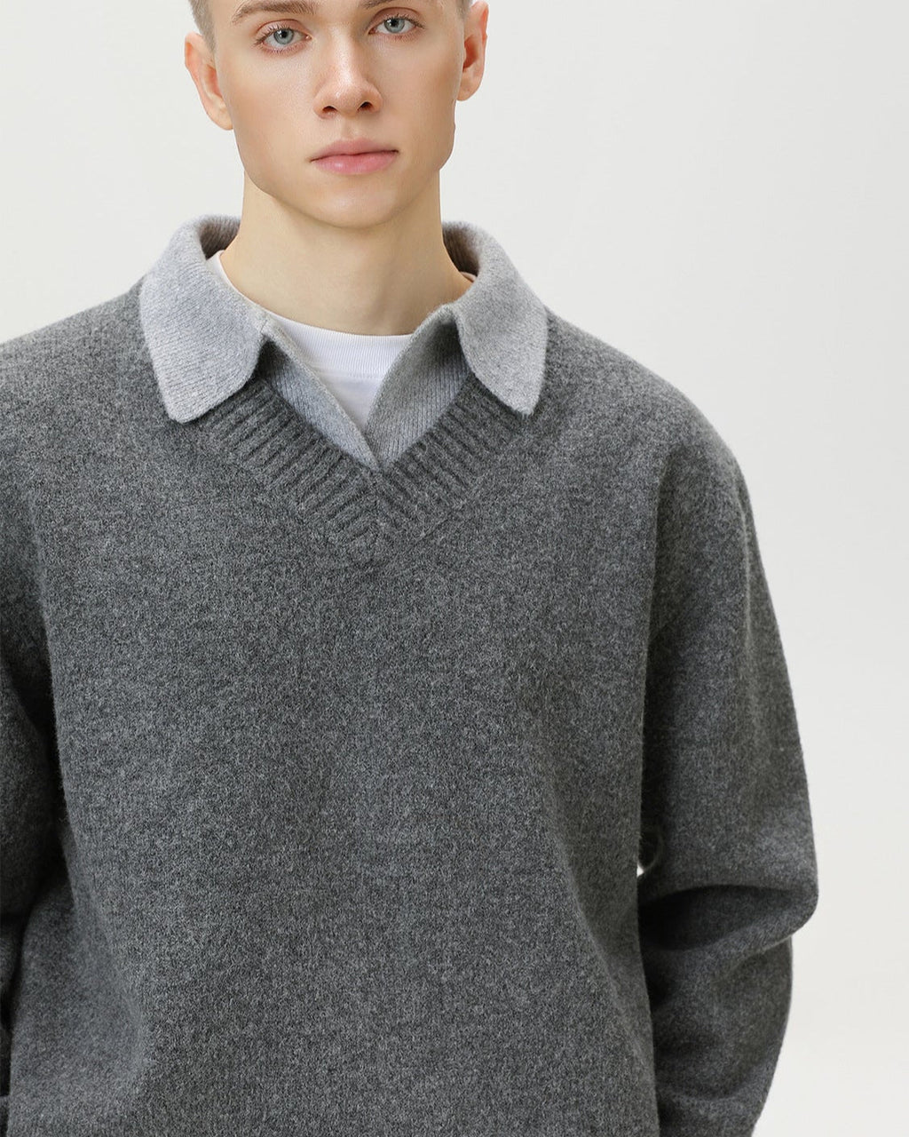 Wool Blend Collar V-Neck Knit Sweater