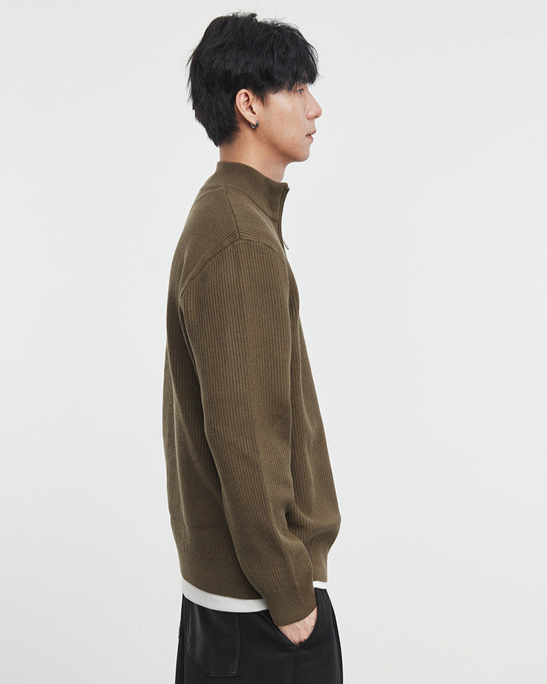 Warm Brown Winter Stand Collar Knit Sweater