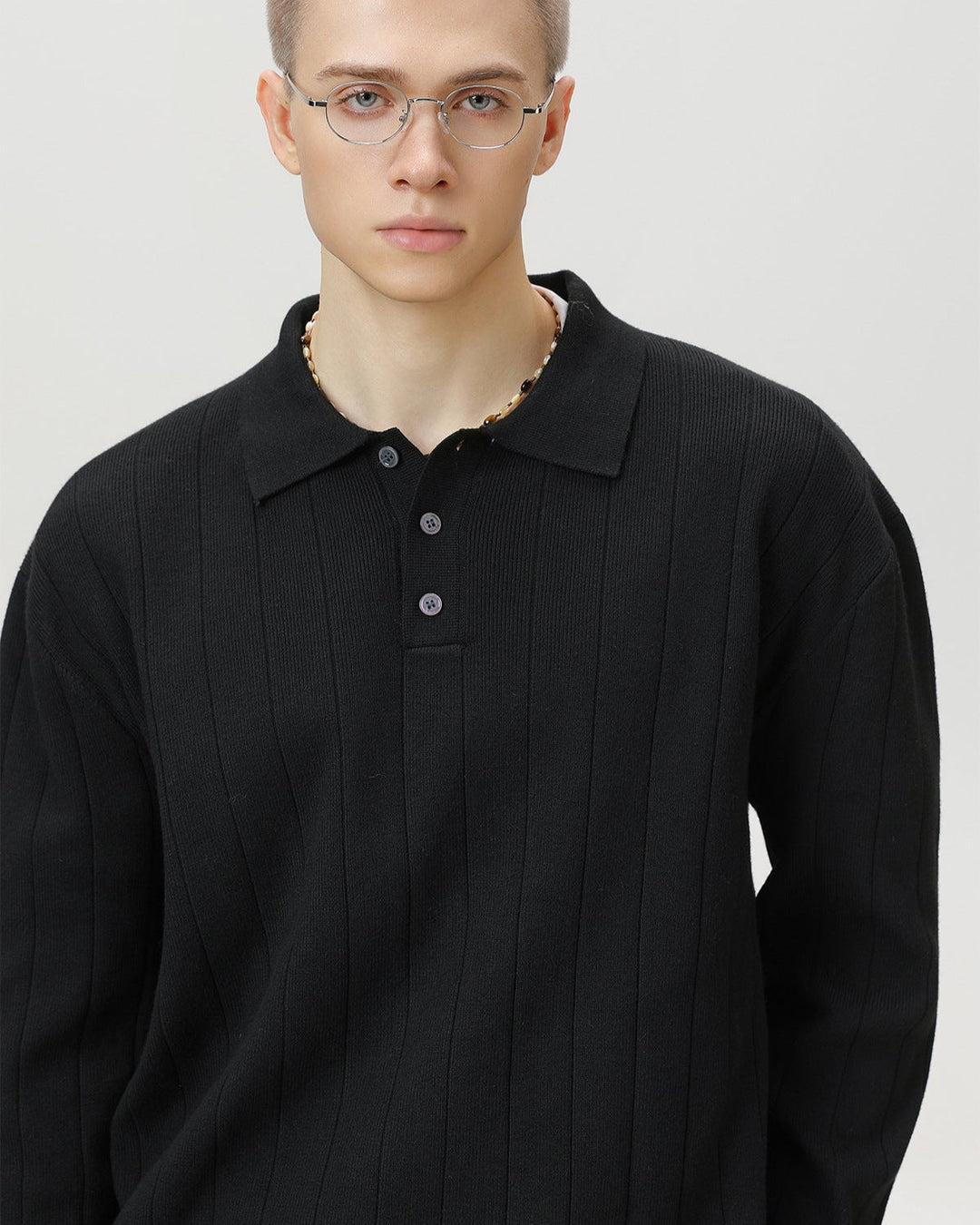 Ribbed Knit Long Sleeve Polo Sweater