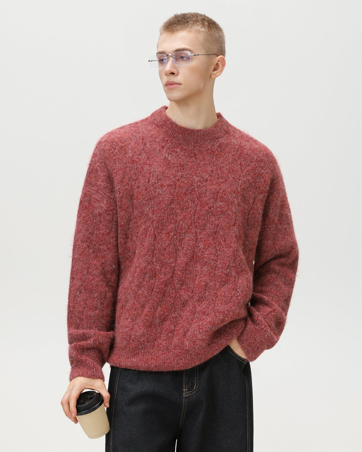 Oversized Cable-Knit Wool Blend Crewneck Sweater