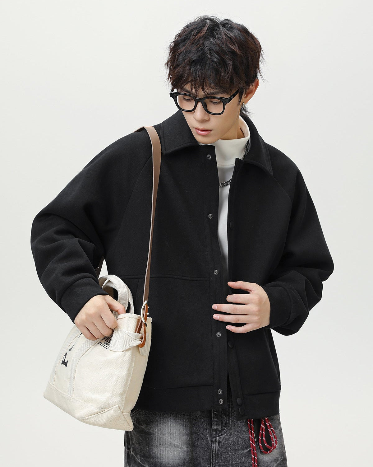 Raglan Wool Blend Short Coat – Textured Casual Oversized Fit