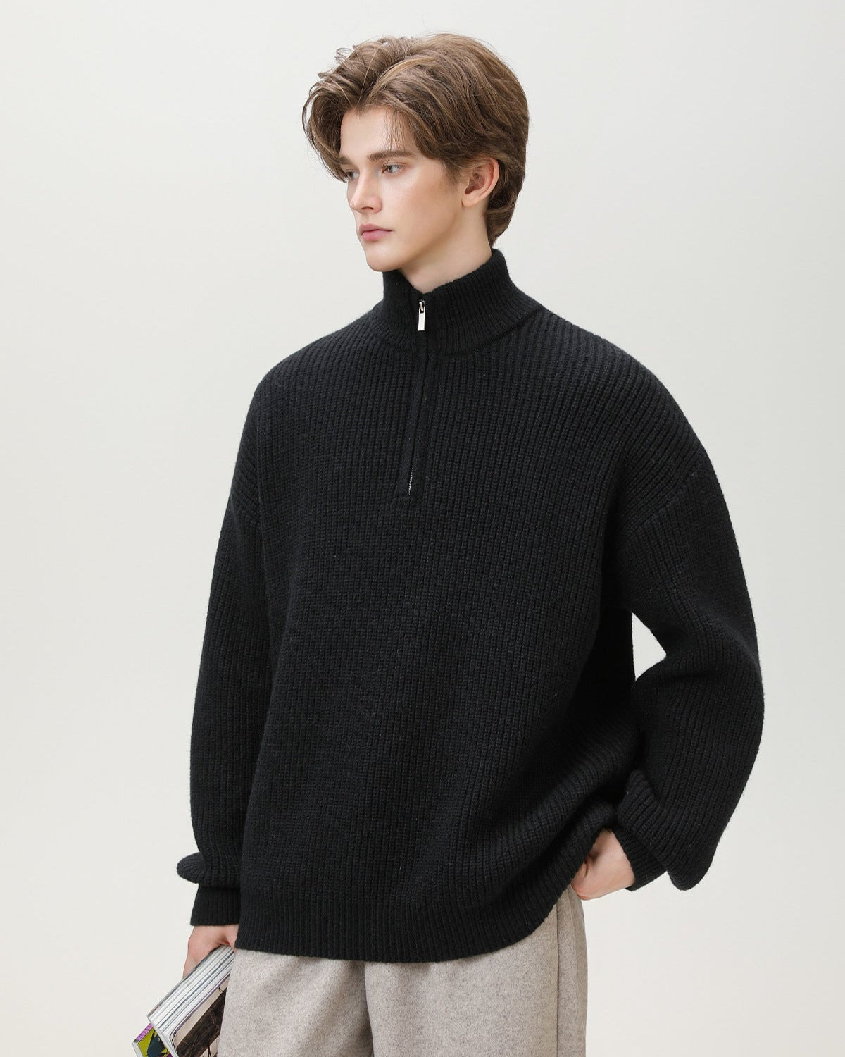 Half-Zip Collar Ribbed Knit Sweater