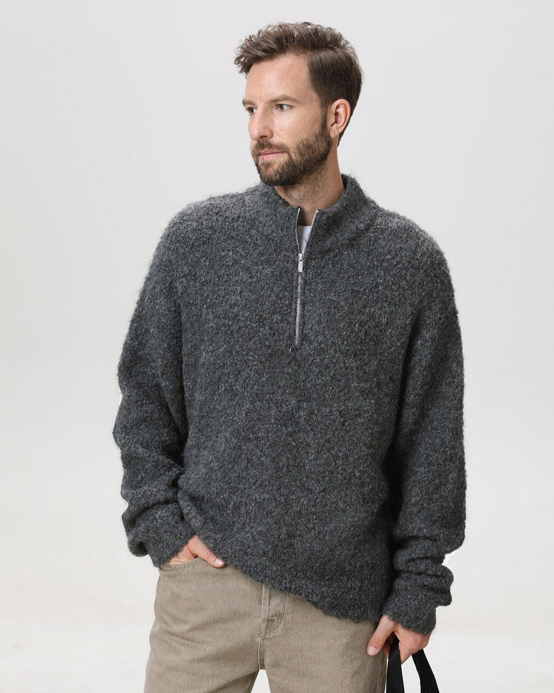 Heavyweight Hoop Yarn Half-Zip Stand Collar Sweater