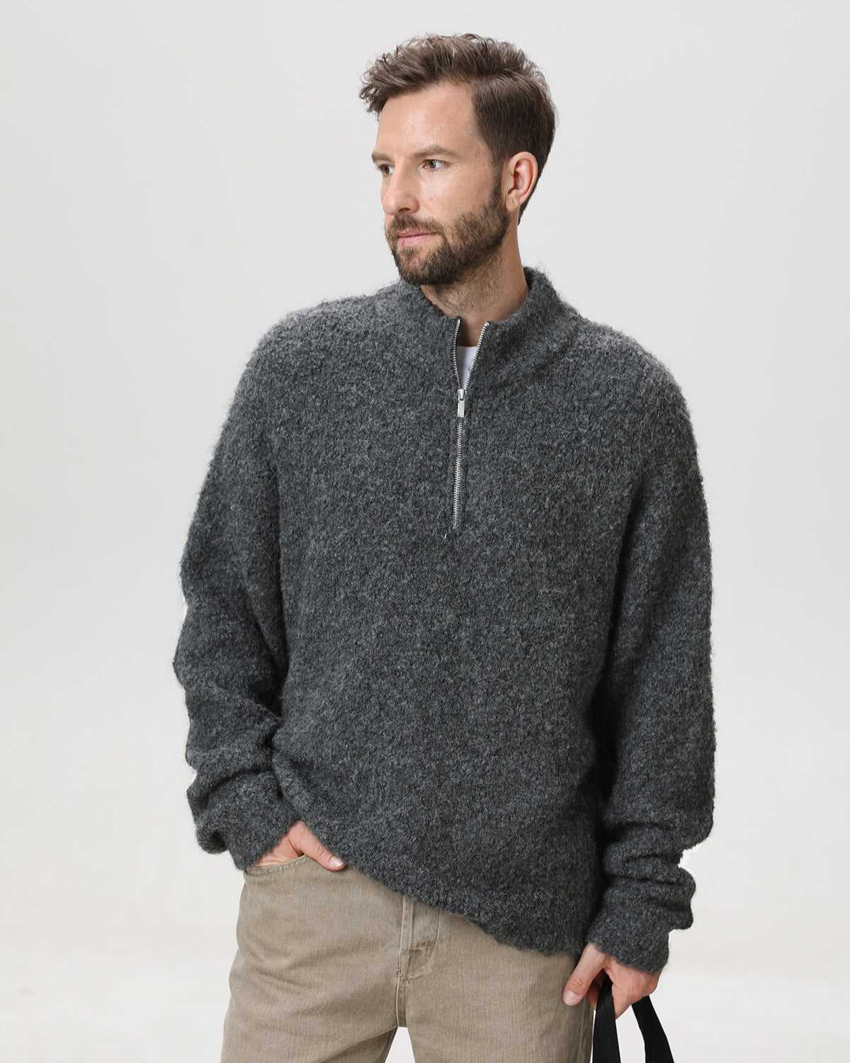 Heavyweight Hoop Yarn Half-Zip Stand Collar Sweater