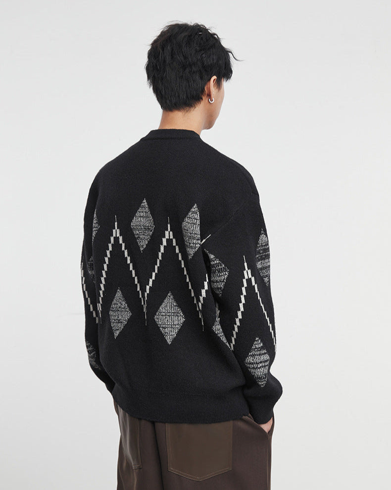 Retro Checkered Jacquard Crewneck Sweater