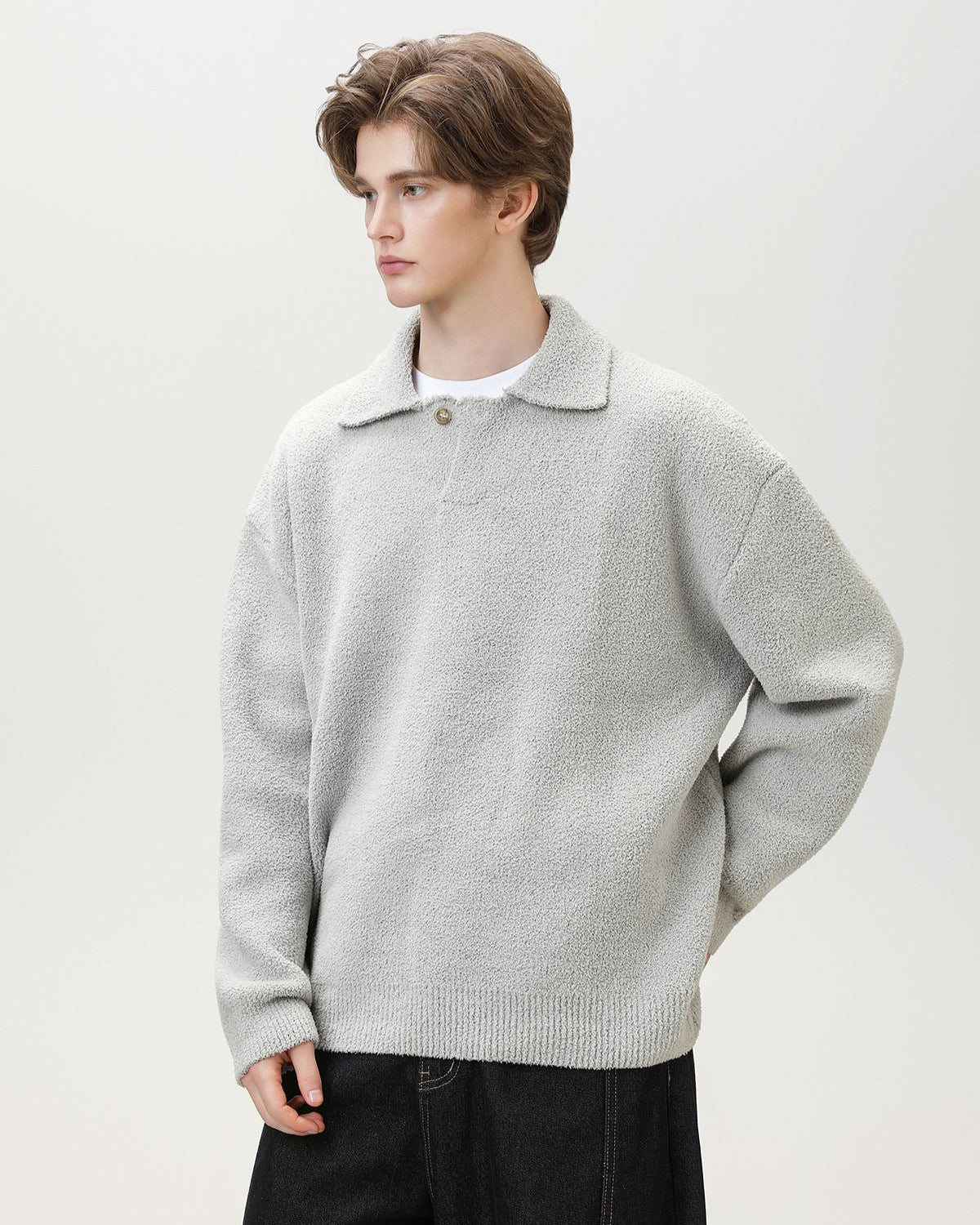 Wool Blend Knit One Button Oversized Henley Sweater