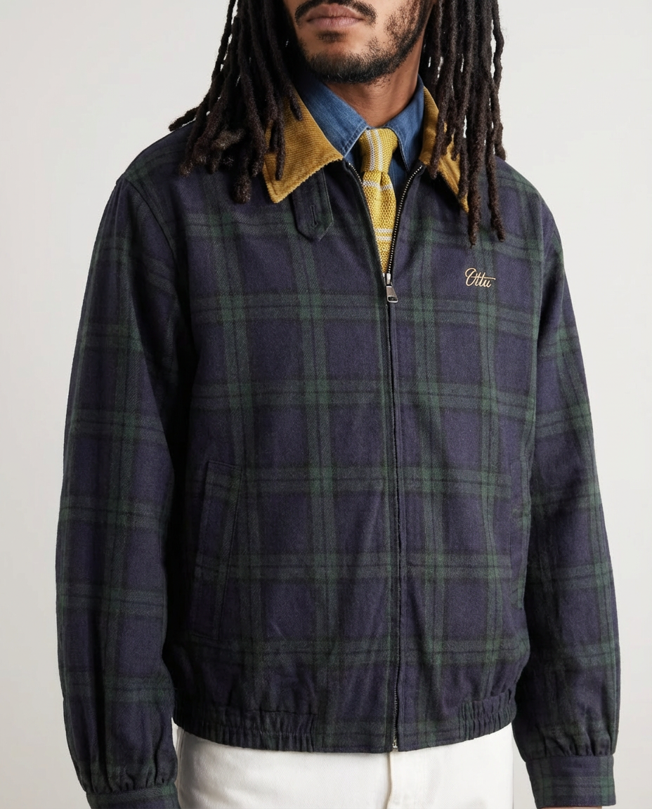 Plaid Zip-Up Jacket with Corduroy Collar